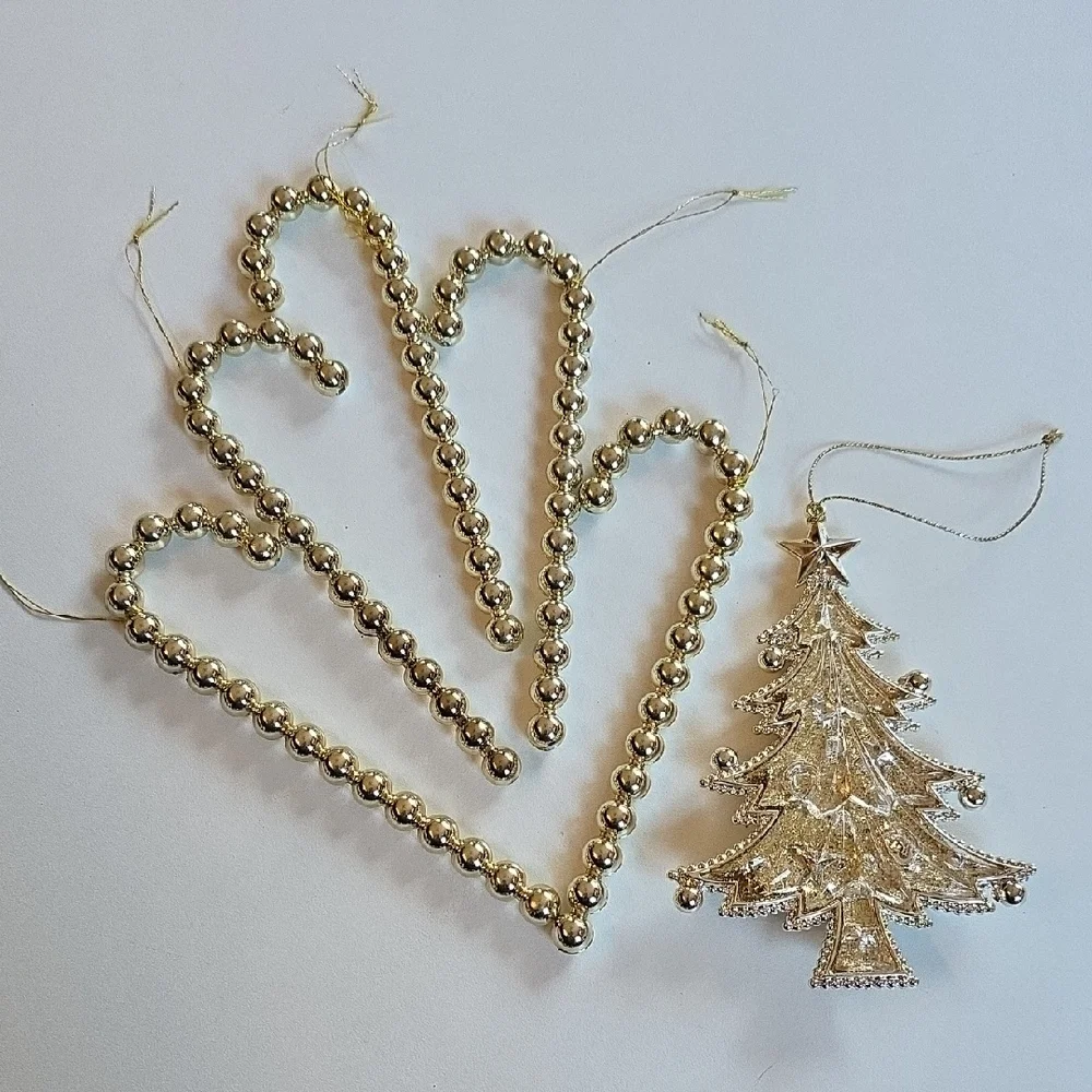 Gold Christmas Ornaments Set - Trees, Candy Canes, Wreath, Snowflake